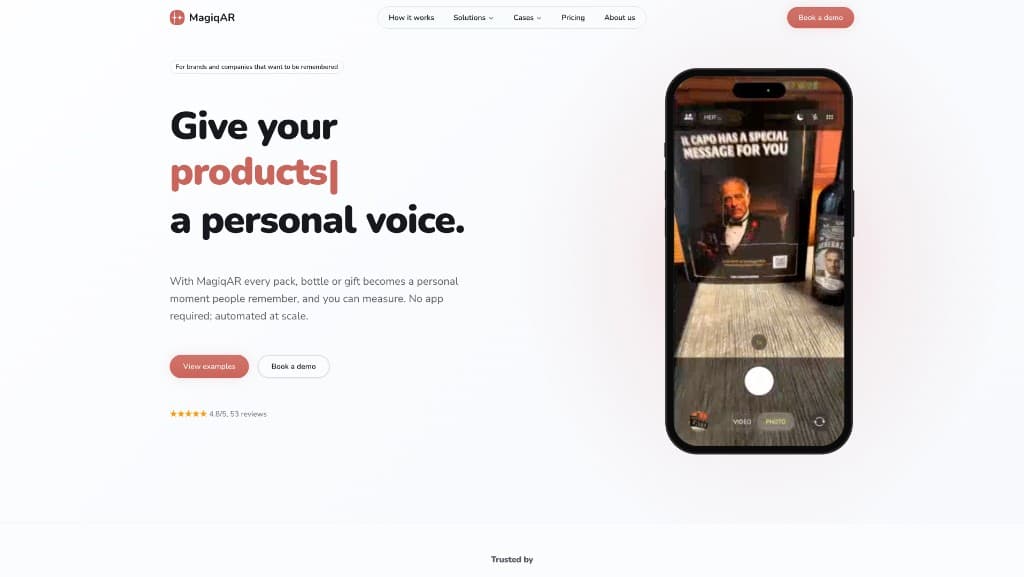 MagiqAR marketing site: hero with product headline and phone mockup showing an AR experience on packaging